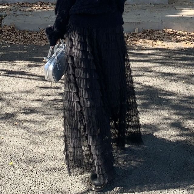 Off Shoulder Cable Knit Sweater with Tiered Mesh Maxi Skirt Set