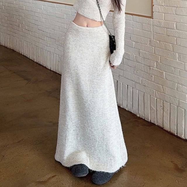 Melange Ribbed Crop Top with Maxi A-Line Skirt Set