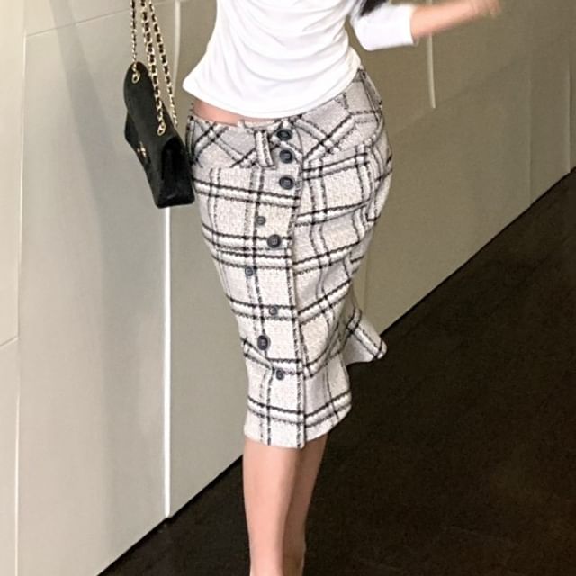 Ruched Mock Two-Piece Top with Low-Rise Plaid Midi Pencil Skirt