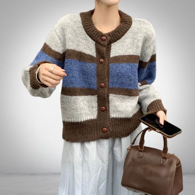 Crewneck Color Block Crop Cardigan