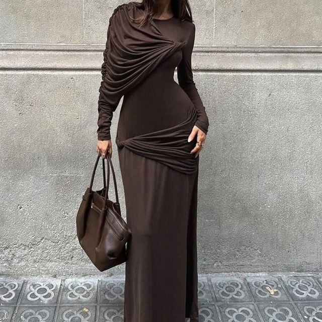 Long-Sleeve Asymmetrical Plain Maxi Sheath Dress