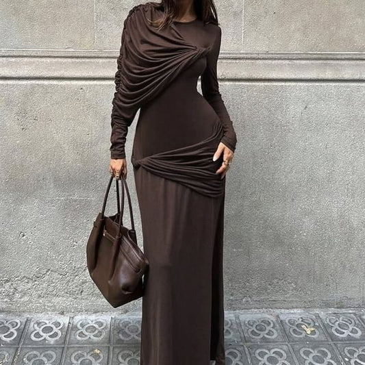 Long-Sleeve Asymmetrical Plain Maxi Sheath Dress