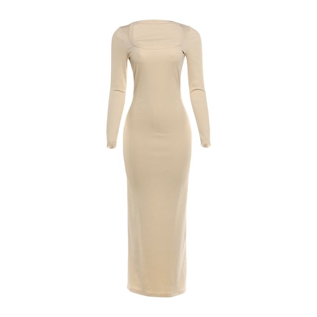 Long-Sleeve Square Neck Plain Maxi Sheath Dress