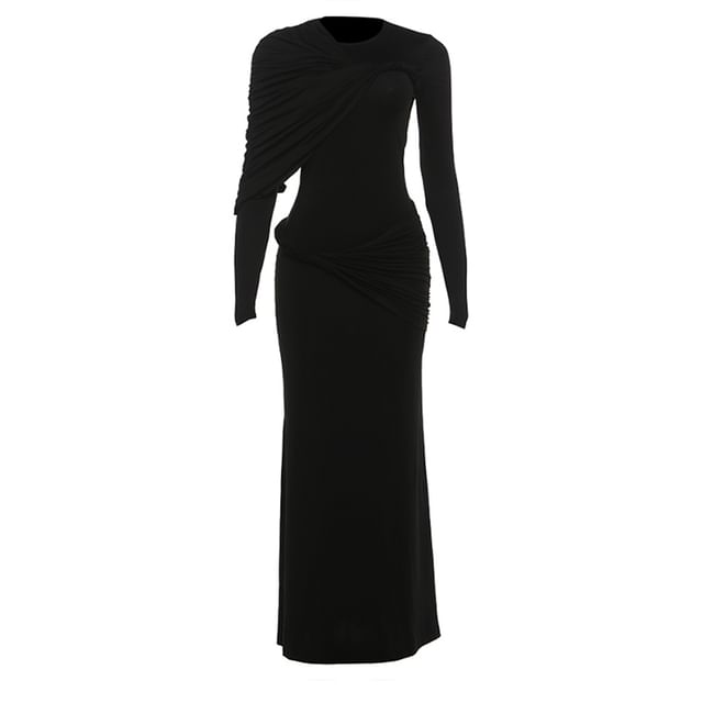 Long-Sleeve Asymmetrical Plain Maxi Sheath Dress