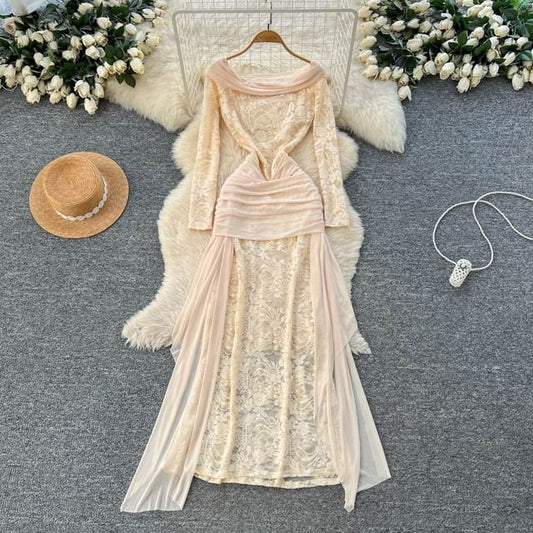 Long Sleeve Boat Neck Plain Mesh Panel Lace Maxi Sheath Dress