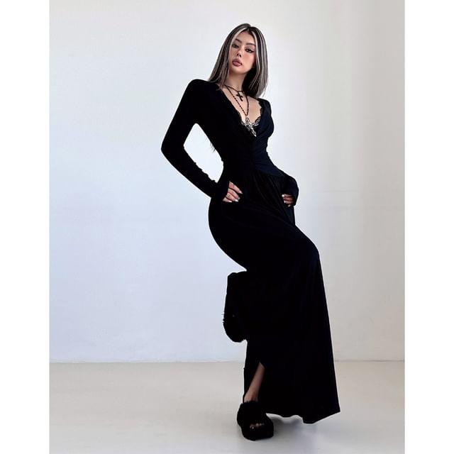 Long-Sleeve V-Neck Plain Maxi A-Line Dress