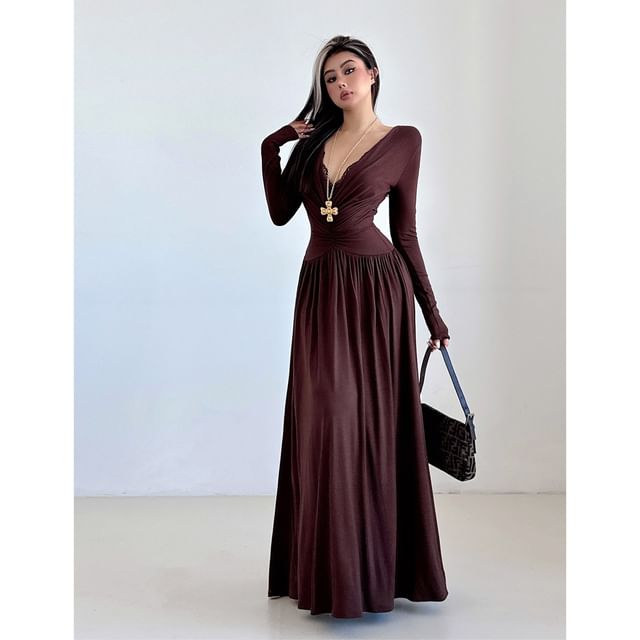 Long-Sleeve V-Neck Plain Maxi A-Line Dress