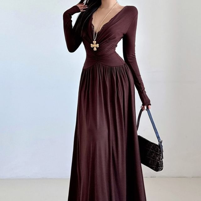 Long-Sleeve V-Neck Plain Maxi A-Line Dress