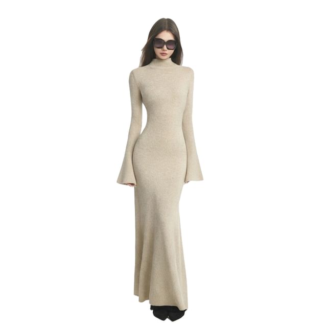 Long-Sleeve Mock Neck Plain Knit Maxi Sheath Dress