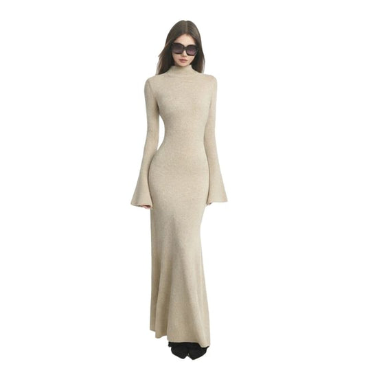 Long-Sleeve Mock Neck Plain Knit Maxi Sheath Dress