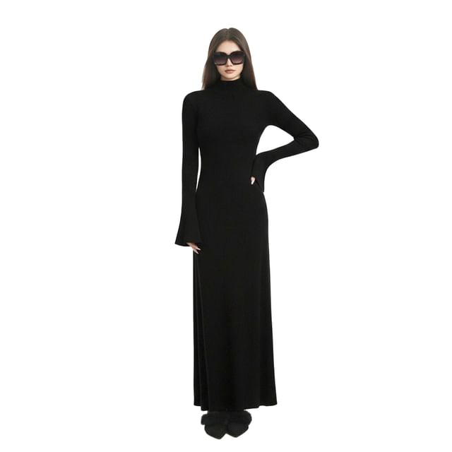 Long-Sleeve Mock Neck Plain Knit Maxi Sheath Dress
