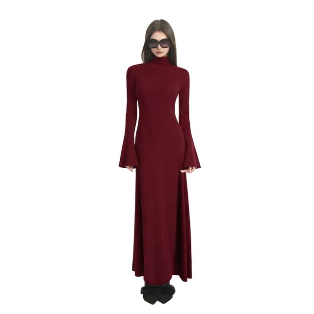 Long-Sleeve Mock Neck Plain Knit Maxi Sheath Dress