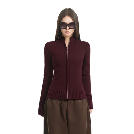Mock Neck Zip-Up Plain Cardigan