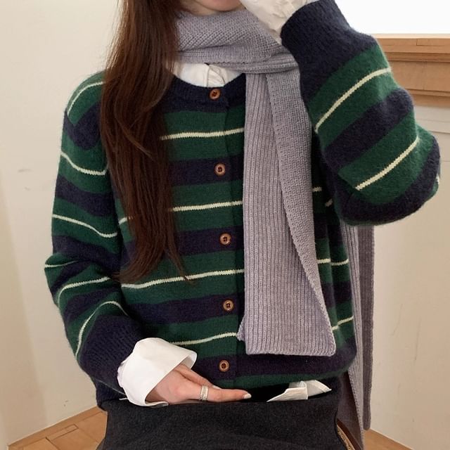 Round Neck Striped Button Up Cardigan