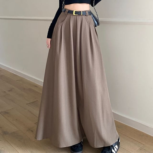 High-Rise Pleated Maxi A-Line Skirt in Solid Color