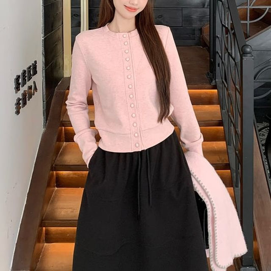 Crew Neck Button-Up Crop Cardigan with High-Waist Midi A-Line Skirt