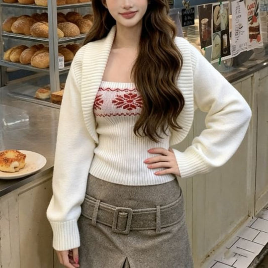 Plain Open Front Crop Cardigan / Jacquard Knit Tube Top