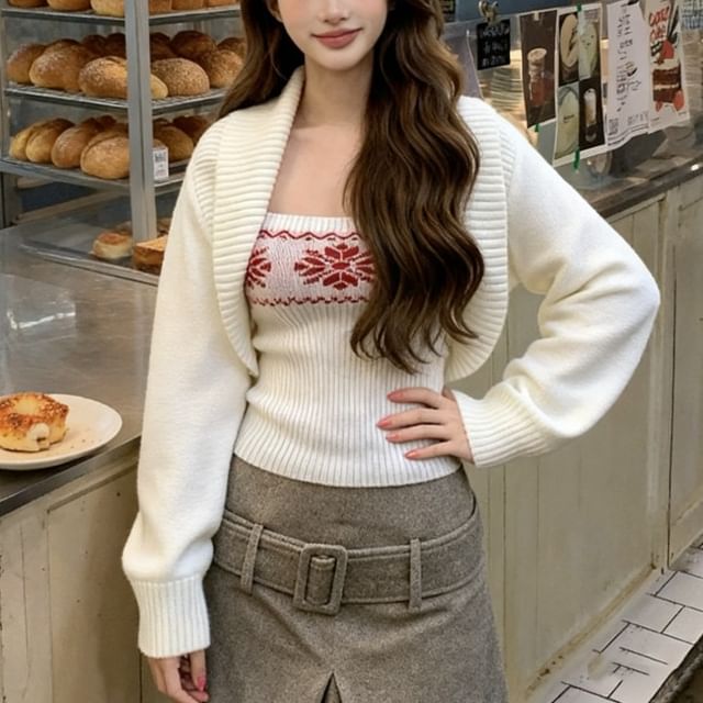 Plain Open Front Crop Cardigan / Jacquard Knit Tube Top