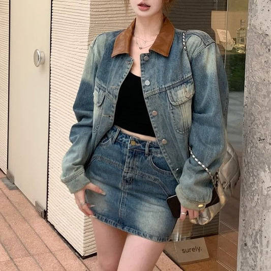 Washed Denim Button-Up Jacket with High-Rise Mini A-Line Skirt