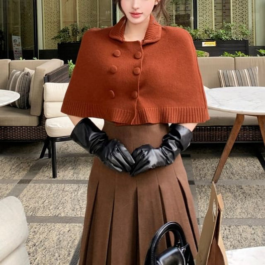 Elbow-Sleeve Collared Double-Breasted Crop Knit Top with Pleated Skirt