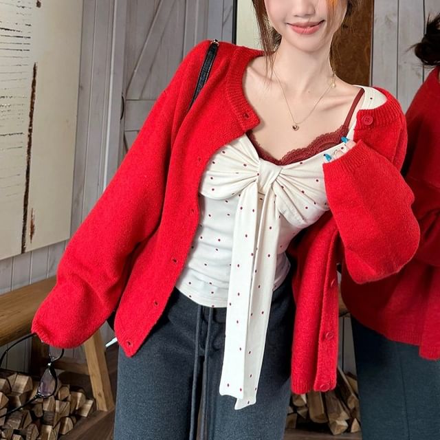 Round Neck Plain Button Up Cardigan / Long-Sleeve V-Neck Dotted Twisted Top / Lace Bra Top