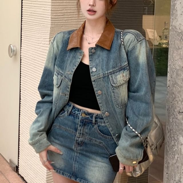 Washed Denim Button-Up Jacket with High-Rise Mini A-Line Skirt