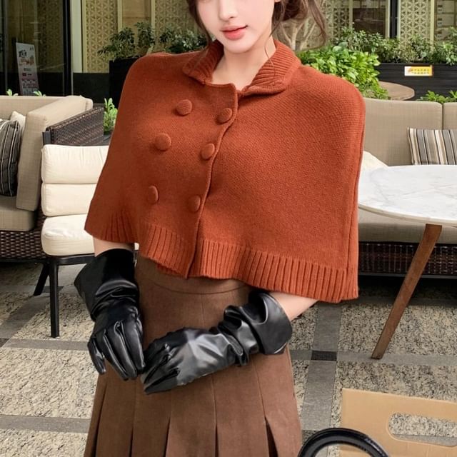 Elbow-Sleeve Collared Plain Double Breasted Crop Knit Top / High Waist Pleated Skirt