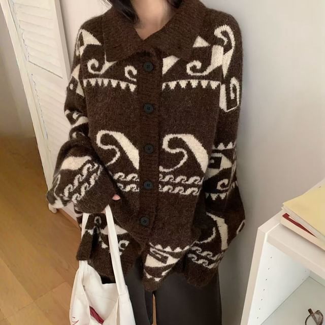 Stand Collar Jacquard Button-Up Cardigan