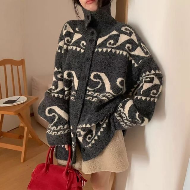 Stand Collar Jacquard Button-Up Cardigan