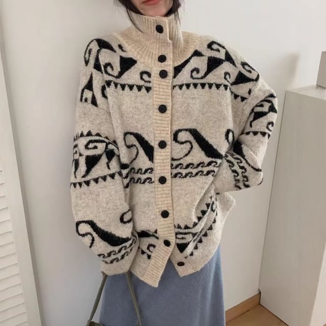 Stand Collar Jacquard Button-Up Cardigan