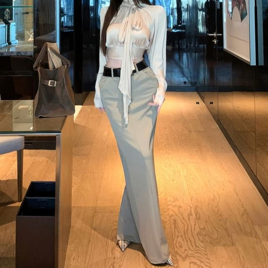 Crop Blouse and Pencil Skirt Set with Belt