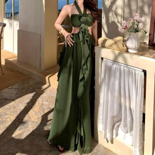 Halter Neck Plain Ruffle Trim Maxi A-Line Dress