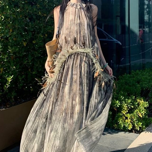 Long-Sleeve Round Neck Striped Maxi A-Line Dress