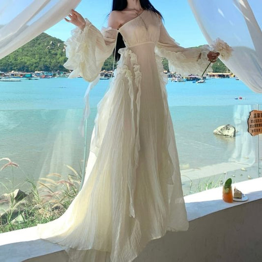 Long-Sleeve Off Shoulder Plain Ruffle Trim Maxi A-Line Dress