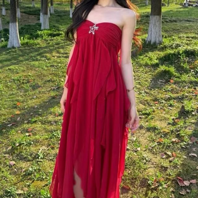 Strapless Plain Ruched Slit Maxi A-Line Dress