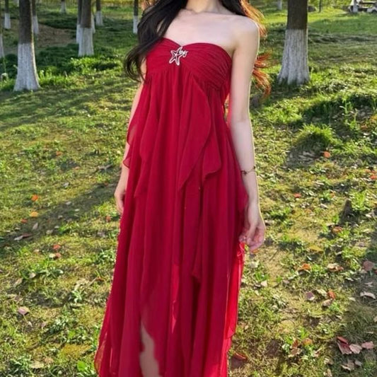 Strapless Plain Ruched Slit Maxi A-Line Dress