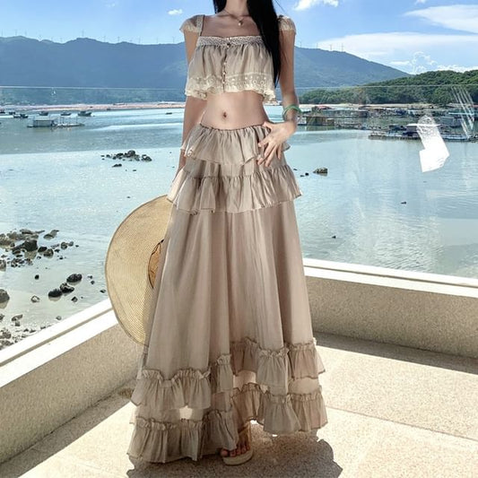 Camisole Crop Top and Ruffled Maxi A-Line Skirt Set