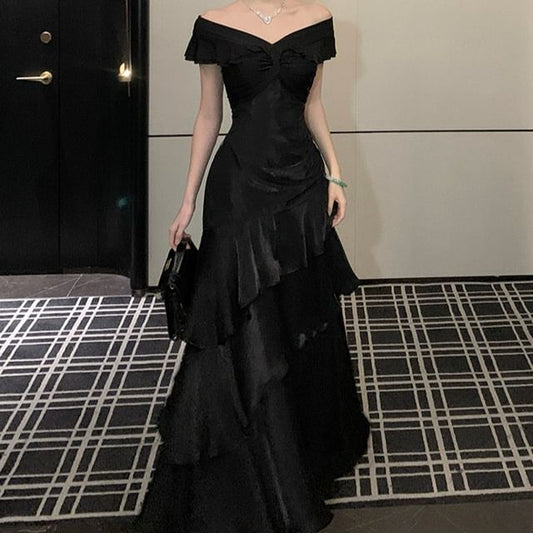 Short-Sleeve Off Shoulder Plain Maxi A-Line Dress