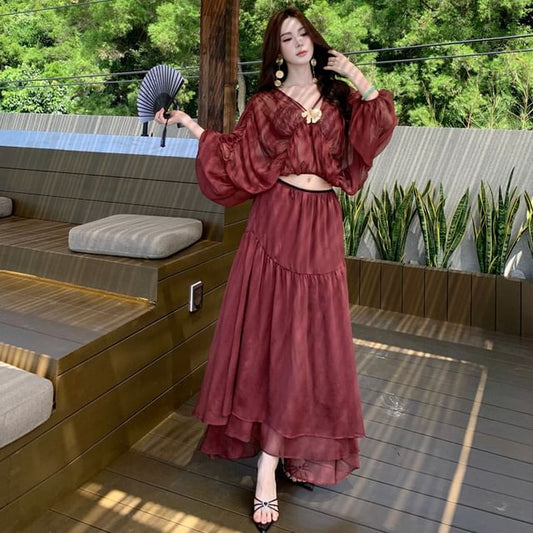 Sheer V-Neck Top and Maxi A-Line Skirt Set