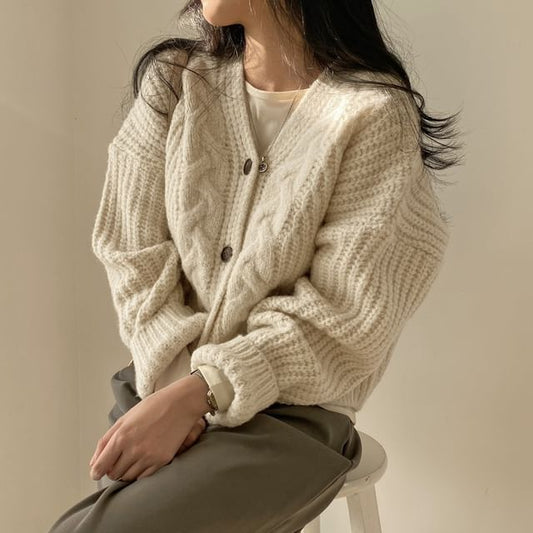 V-Neck Plain Cable Knit Cardigan