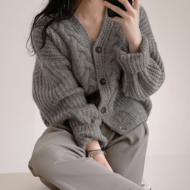 V-Neck Plain Cable Knit Cardigan