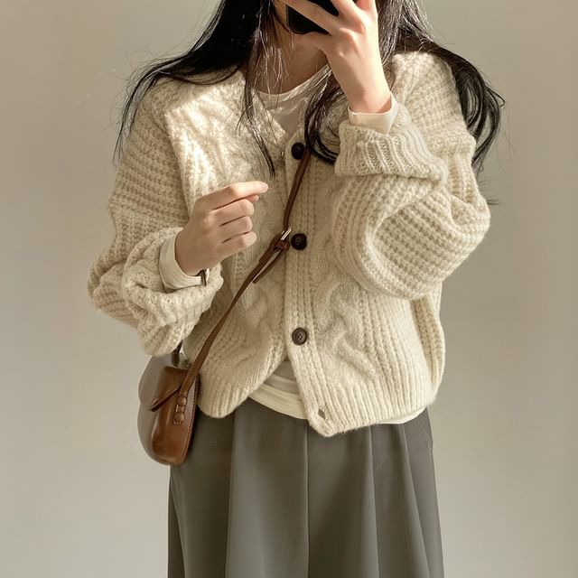 V-Neck Plain Cable Knit Cardigan