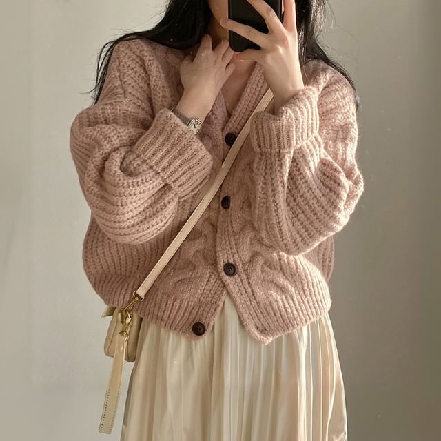 V-Neck Plain Cable Knit Cardigan
