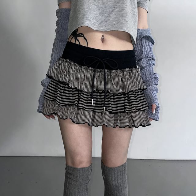 Striped Drawstring Mini Tiered Skirt