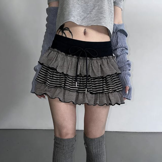 Striped Drawstring Mini Tiered Skirt