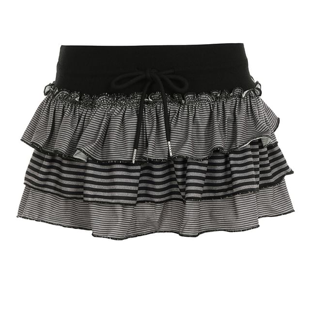 Striped Drawstring Mini Tiered Skirt
