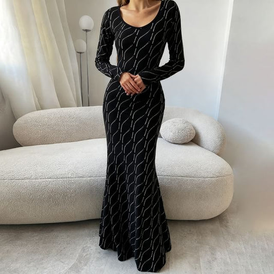 Long-Sleeve U-Neck Sequin Maxi Sheath Dress
