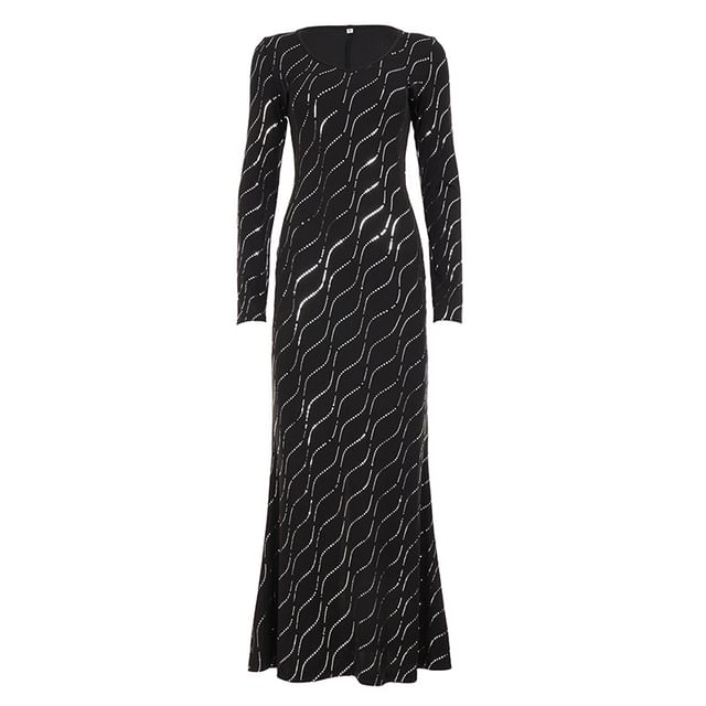 Long-Sleeve U-Neck Sequin Maxi Sheath Dress