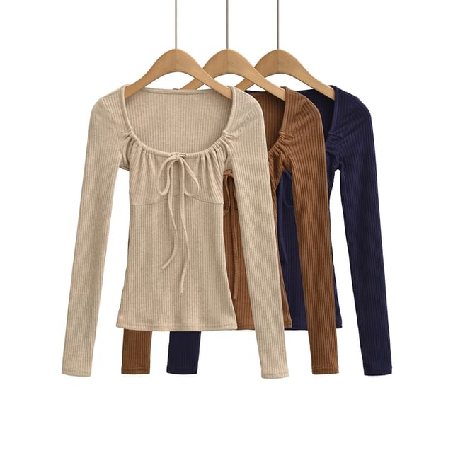 Drawstring Ribbed Scoop Neck Long-Sleeve Top
