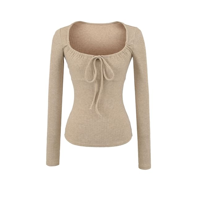 Drawstring Ribbed Scoop Neck Long-Sleeve Top